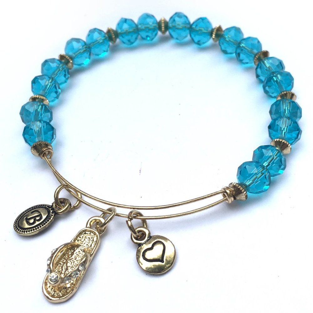 Gold Tone Flip Flop Charm Initial B Blue Beaded Adjustable Bracelet Summer Beach
